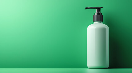 green shampoo bottle stands against solid green background, showcasing minimalist design. sleek shape and pump top add modern touch to product display