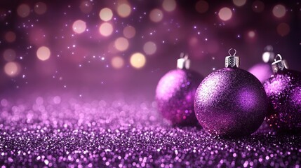 Fototapeta premium Purple Glitter Background with Christmas Ornaments