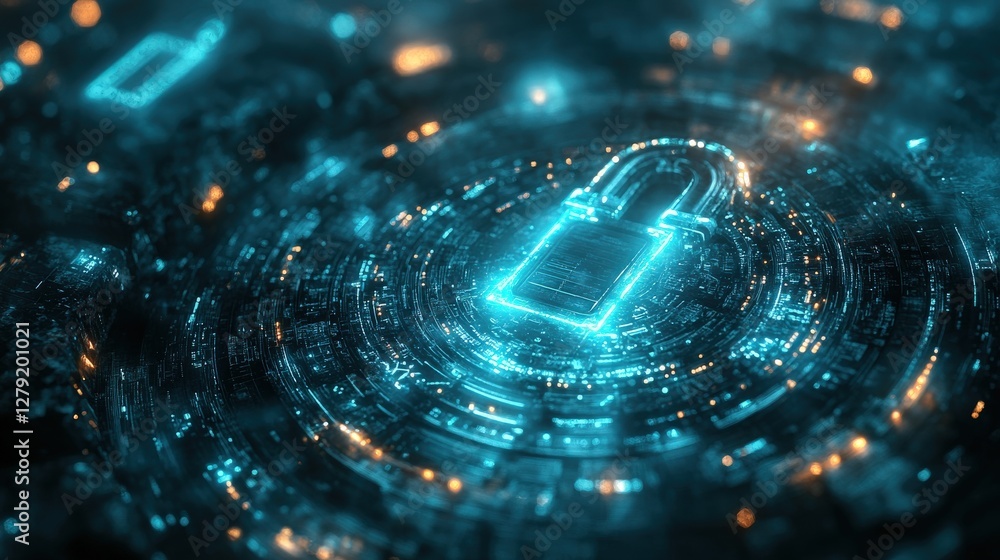 Aufkleber futuristic digital lock surrounded by glowing circuits and data streams in a tech-inspired environme
