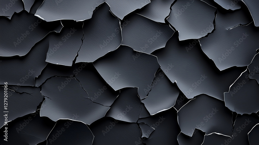 Poster peeling black paint texture with abstract dark patterns, creating striking visual effect. cracked su