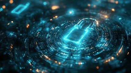Futuristic digital lock surrounded by glowing circuits and data streams in a tech-inspired environment