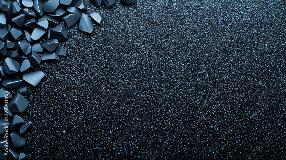 Poster textured black surface with scattered dark stones creating modern aesthetic. contrast between smooth