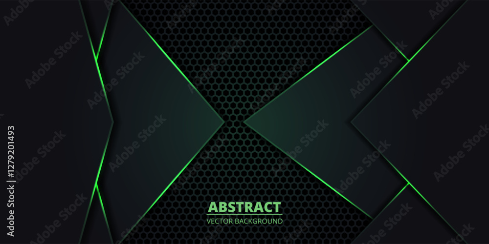 Aufkleber Dark abstract background with hexagon grid and green luminous lines and arrow shapes. Technology vector illustration