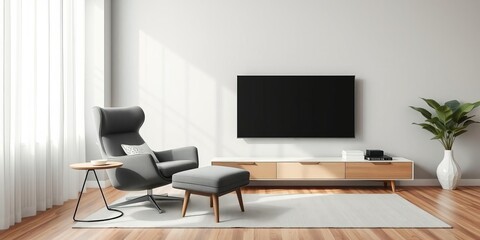 Stylish living room interior with modern TV armchair, abstract wall art, and decorative objects, design, room, comfortable