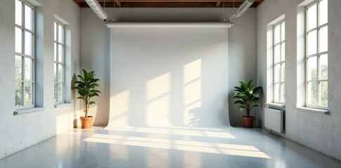 Obraz premium Empty photography studio with windows on three sides filling the space with plenty of natural light, neutral tones, window side lighting,