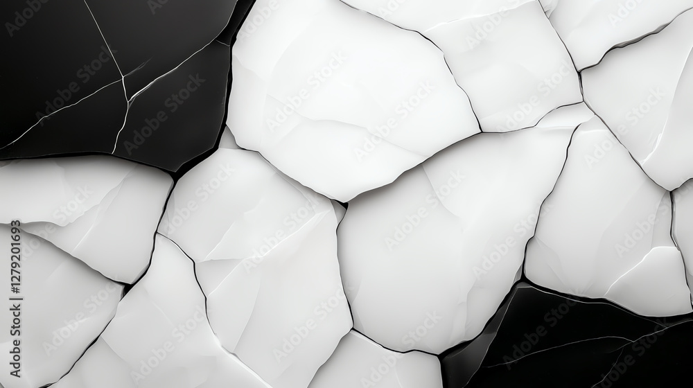 Poster textured black and white rock surface with cracks and irregular shapes, creating striking visual con