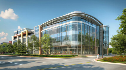 Obraz premium Modern office building with large glass windows and landscaped surroundings