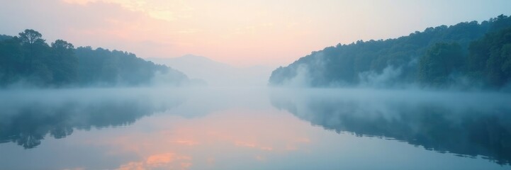 Fototapeta premium Ethereal mist rises from the depths of a serene lake, calmness, reflection, dreamy effect