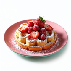 Delicious waffle cake, topped with fresh strawberries, raspberries with powder sugar on pink plate. Perfect dessert for occasion. Sweet breakfast, tasty snack food. Summer dessert still life. Bakery