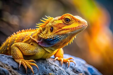 Obraz premium Horned Lizard, Panoramic Close-up, Spiky Tail, Yellow Orange Reptile