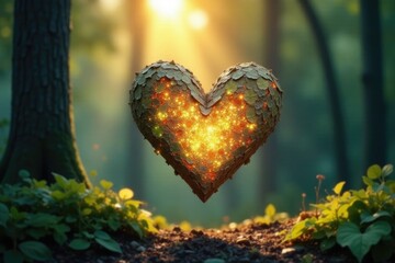Ethereal heart-shaped fragment suspended in forest air, light, airy, ethereal