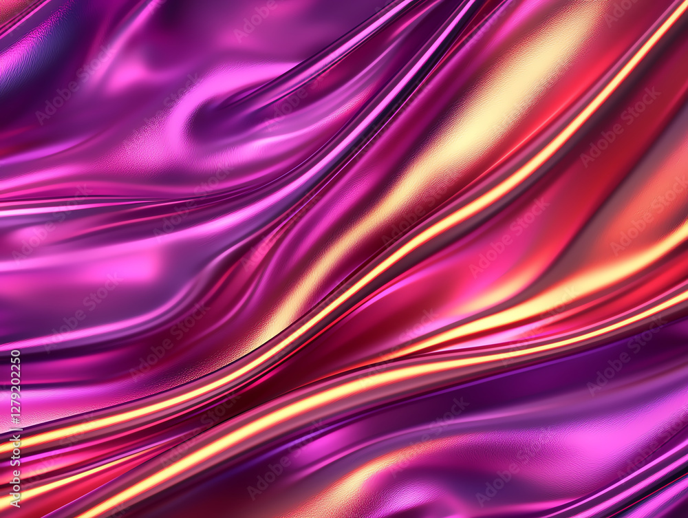 Poster vibrant metallic fabric with flowing waves in shades of purple and pink, creating dynamic and colorf