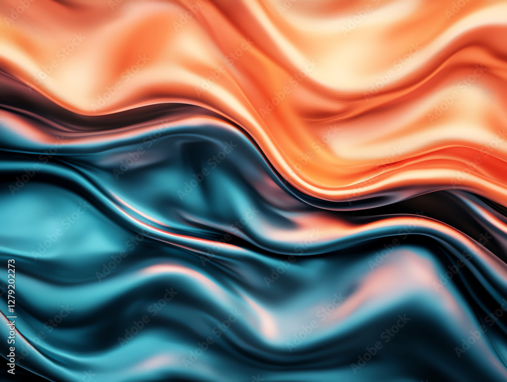 Poster satin fabric waves in vibrant orange and teal colors create dynamic visual. smooth texture and flowi