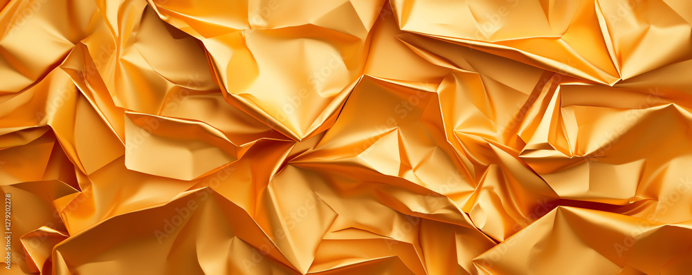 Poster crumpled golden foil texture with shiny surface and intricate folds, creating luxurious and abstract