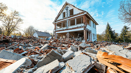 damaged house surrounded by rubble after disaster, highlighting destruction, property insurance claims for damage and risk assessment,