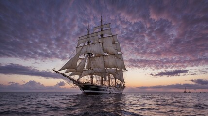 Purple Sky with White Clouds and a Tall-Masted Sailing Ship