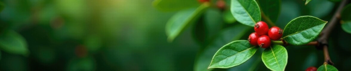 Fototapeta premium Evergreen foliage surrounds a solitary holly berry, berry, evergreen, foliage