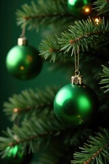Fototapeta premium Green glass balls dangle on a branch of a Christmas tree amidst other ornaments, holiday decor, greenery garland