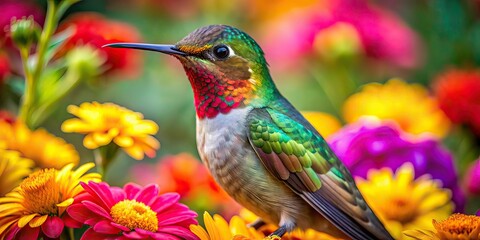 Naklejka premium Hummingbird Portrait, Floral Wildlife, AI Photography, Documentary Style