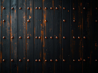 Fototapeta premium Dark wooden wall with copper studs, showcasing rustic and antique feel. texture and color contrast create unique visual appeal, perfect for various design projects