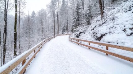 Snowy path winding through winter forest