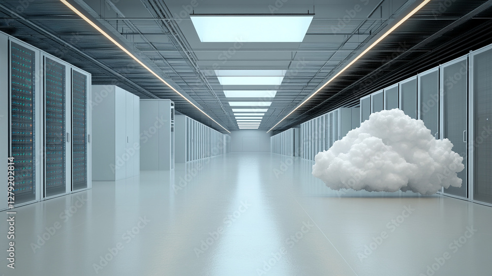 Aufkleber modern data center with server racks and cloud symbolizing cloud computing. spacious interior featur