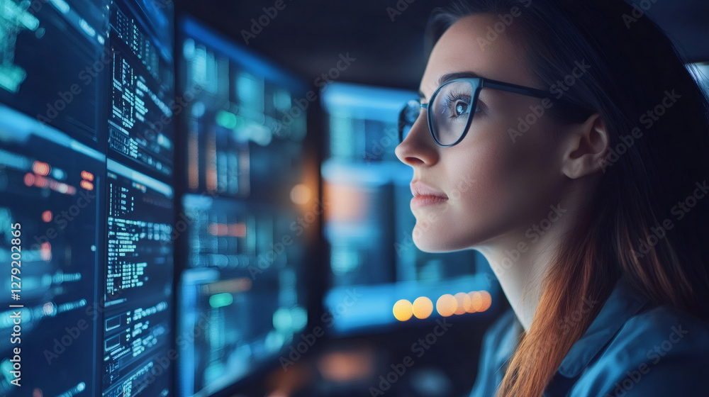 Poster Young female software engineer looking at multiple computer screens showing lines of code in a dark office at night