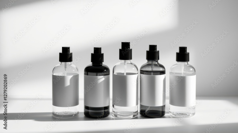 Poster minimalist bottles with white labels against a bright, simple background with soft lighting and shad