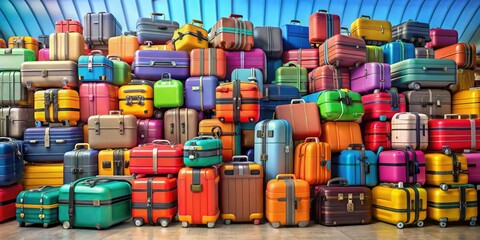 Fototapeta premium Airport Luggage Pile, Travel Suitcases, 3D Render, Rule of Thirds Composition