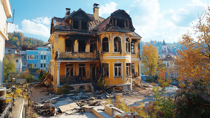 Burnt yellow house with extensive fire damage surrounded by autumn trees and urban scenery, property insurance claims for damage and risk assessment,