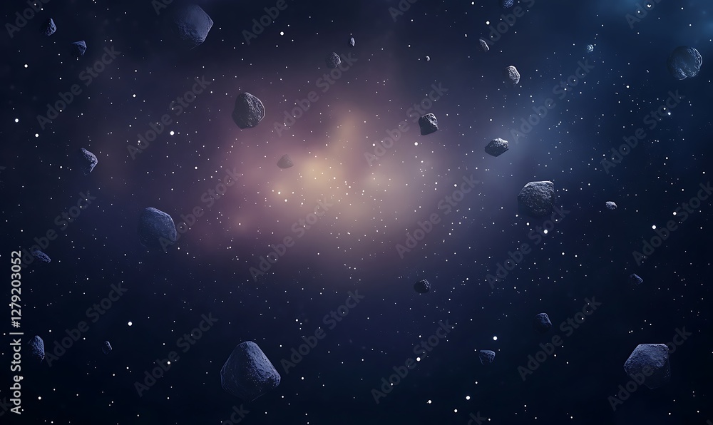 Poster a vibrant cartoon depiction of an asteroid belt illuminated by glowing space dust in a deep cosmic s