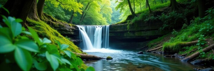 Obraz premium Hidden waterfall in a dense thicket of foliage, nature, leaves, waterfall