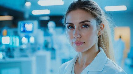 Serious female physician standing in advanced medical laboratory, colleagues working near complex futuristic diagnostic equipment
