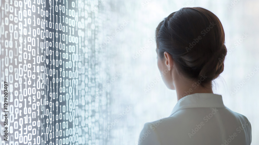 Leinwandbilder professional woman examines digital binary code on a large screen, symbolizing technology and data a