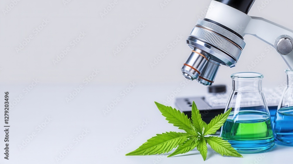 Poster close up view of a scientific experiment involving a plant. a microscope is positioned over a clear 