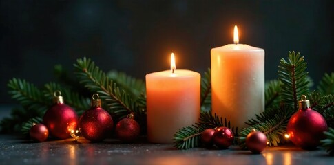 Holiday-themed still life of candles, ornaments, and evergreen, lights, candles