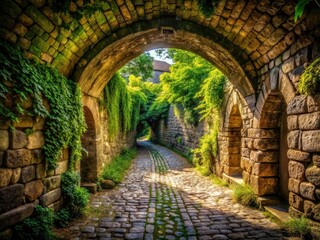 Ancient Stone Archway Tunnel, Cobblestone Pathway, Landscape Photography