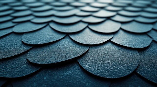 Close-up view of overlapping dark blue scales, architectural design