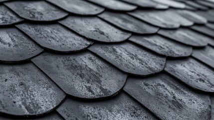Fototapeta premium Close-up view of dark gray overlapping roof shingles