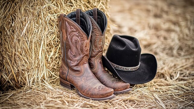 A classic American West rodeo scene featuring authentic leather roper boots and a traditional black felt cowboy hat resting on a bale of straw. - Powered by Adobe
