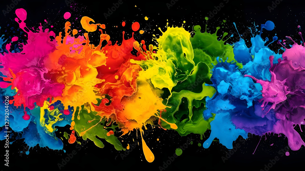 Poster explosion of color: vibrant splashes of rainbow hues burst forth in a dynamic display of abstract ar