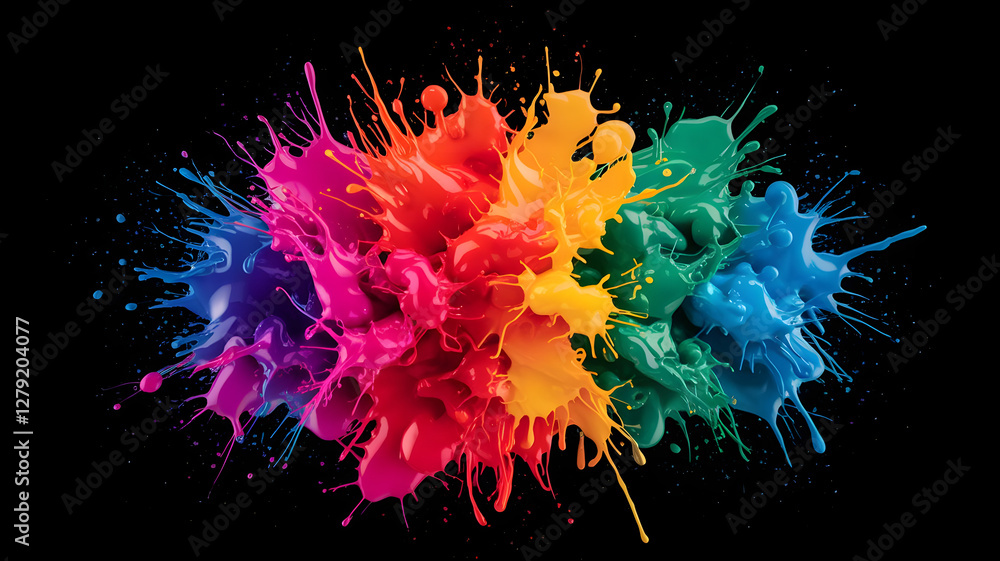 Poster chromatic explosion: a vibrant explosion of multicolored paint splatters bursts forth, creating a dy