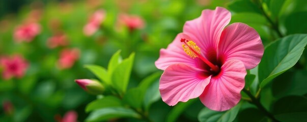 Obraz premium Pink hibiscus flower buds and leaves in a colorful garden, plant, greenery