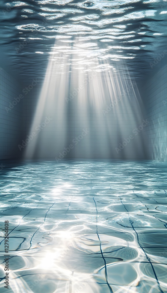 Poster sunlight streams through water illuminating the tiled pool floor
