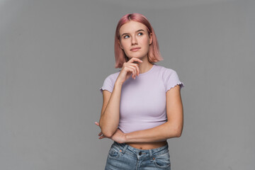 Hipster girl studio and thinking of ideas for problem solving or planning, insight and...