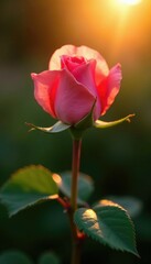 Pink rose bud unfolding in the sunlight's warm rays, plant, warm