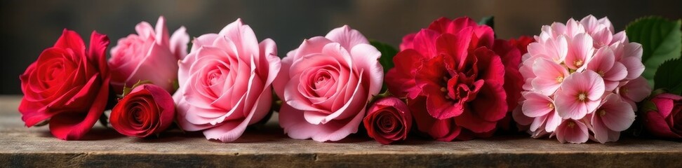 Fototapeta premium Pink roses and red hydrangeas on a wooden table, hydrangea, flowers