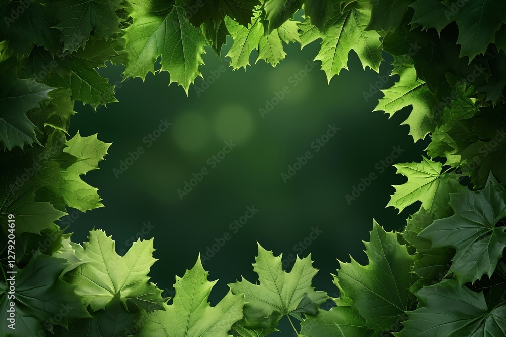 Poster green maple leaves frame on dark background with copy space. natural border design with fresh foliag