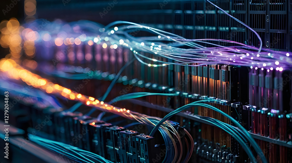 Poster data flow visualization: an abstract shot of an illuminated network cable with data flowing through 