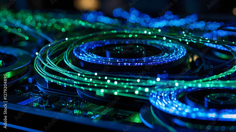 Poster illuminated data stream: intricate network of glowing optical fibers, emitting a vibrant display of 